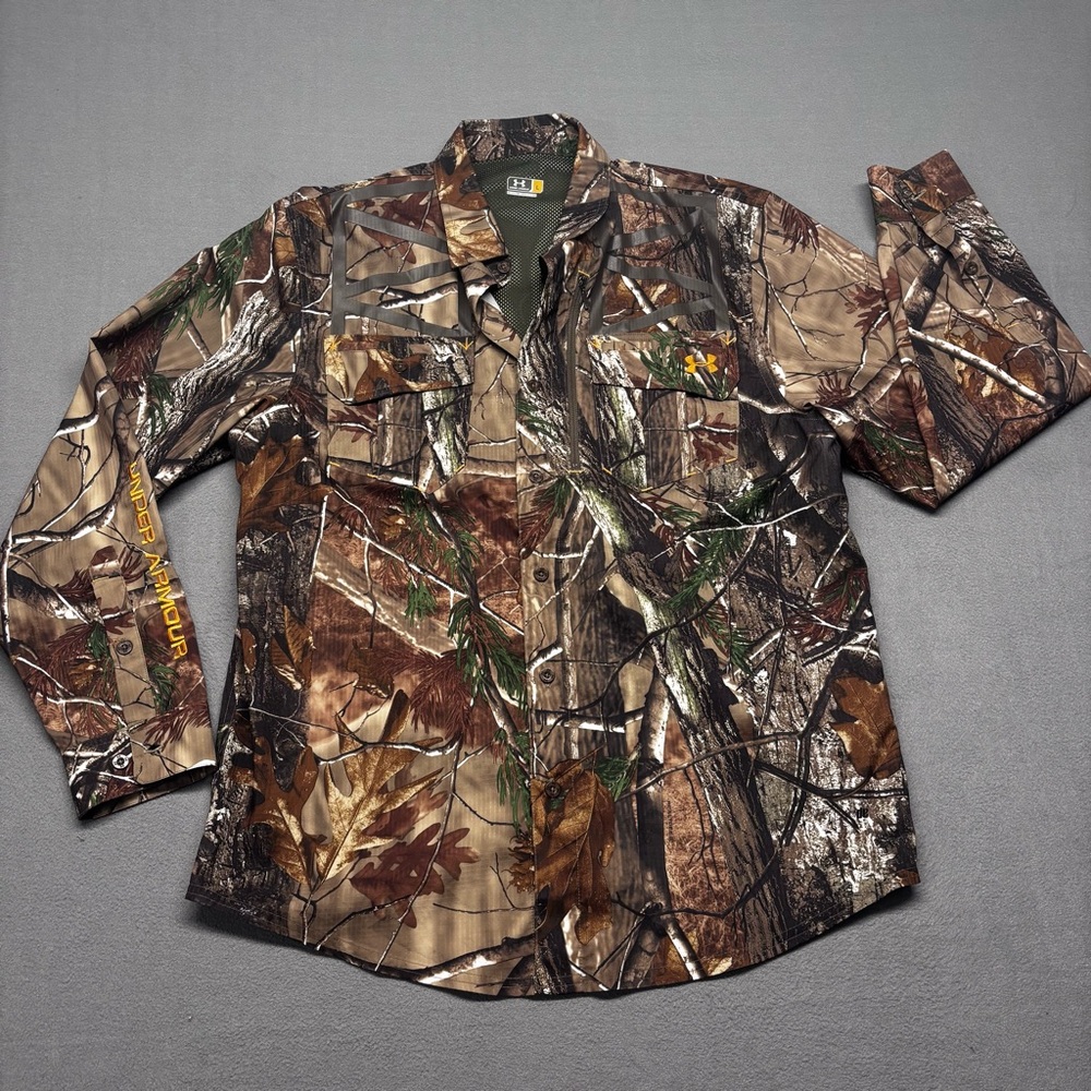 Under Armour Button Up Camo Shirt RealTree AP HD Hunting Camouflage Mens LG